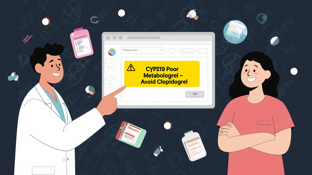 Doctor shows genetic alert on EHR screen while patient smiles, with safe alternative drugs floating nearby.