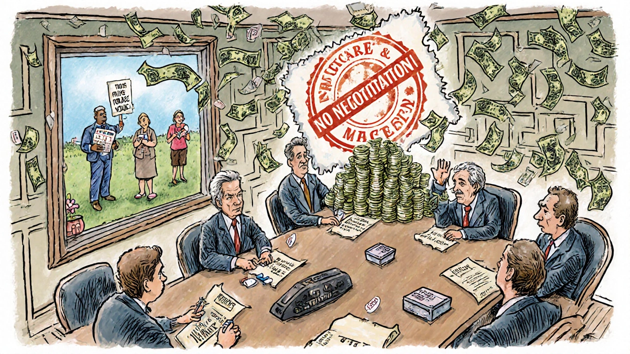 Drug executives sit amid cash and lobbying bills while a tiny Medicare negotiator is crushed under a &#039;NO NEGOTIATION&#039; stamp.
