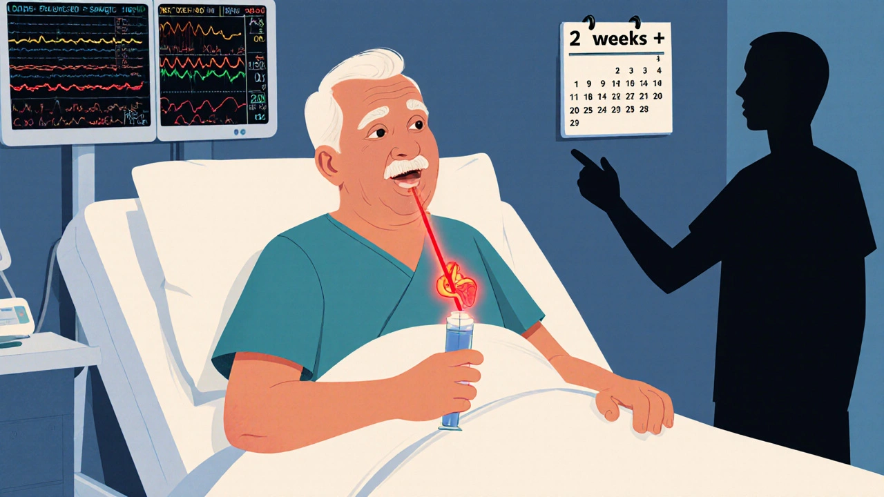 Elderly man in hospital with toxic lignocaine levels glowing near heart, dentist pointing to persistent ulcers