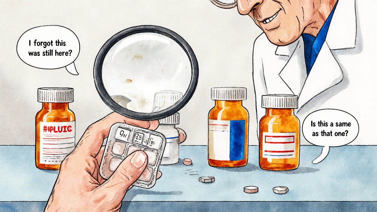 Elderly person comparing pill organizer with original prescription bottles on a clinic table.