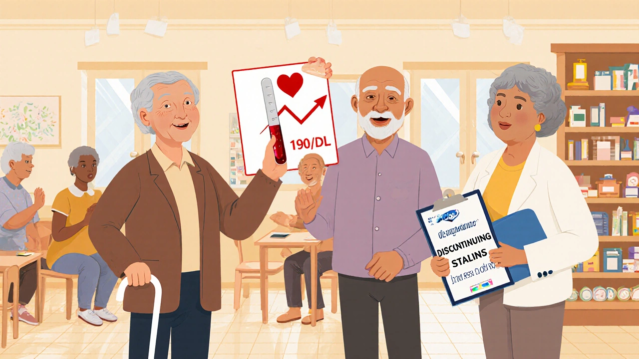 Older adults in community center with pharmacist discussing statin discontinuation and blood test results.