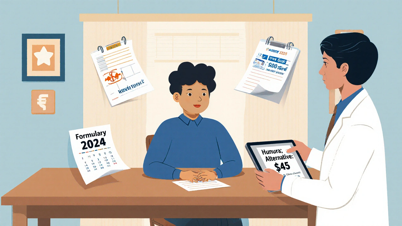 Patient comparing insurance formularies from 2024 to 2025 with a ,000 cap and cost comparison on tablet.