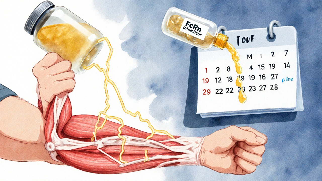 Patient lifting arm as golden inhibitor fluid repairs broken nerve signals, with weekly injection calendar in background.