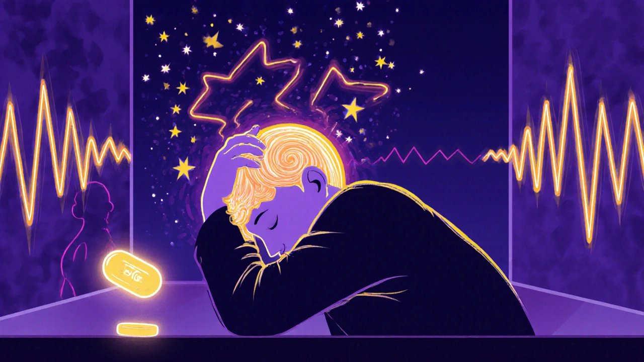 Person in dark room with migraine aura of zigzag lights and sensory overload.