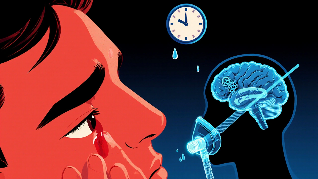 Person with cluster headache symptoms: tearing eye, drooping lid, oxygen mask, and clockwork hypothalamus.