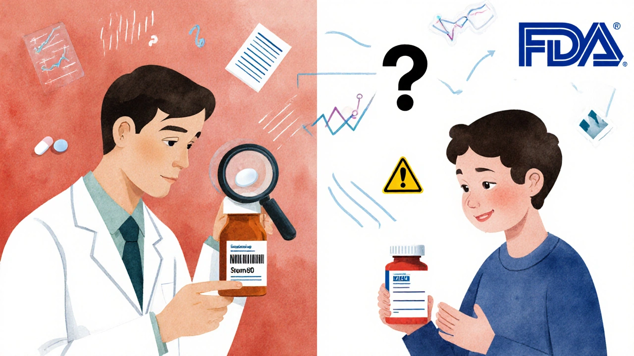 Pharmacist examining a pill bottle&#039;s tiny NDC code while patient sees only generic drug name on label.