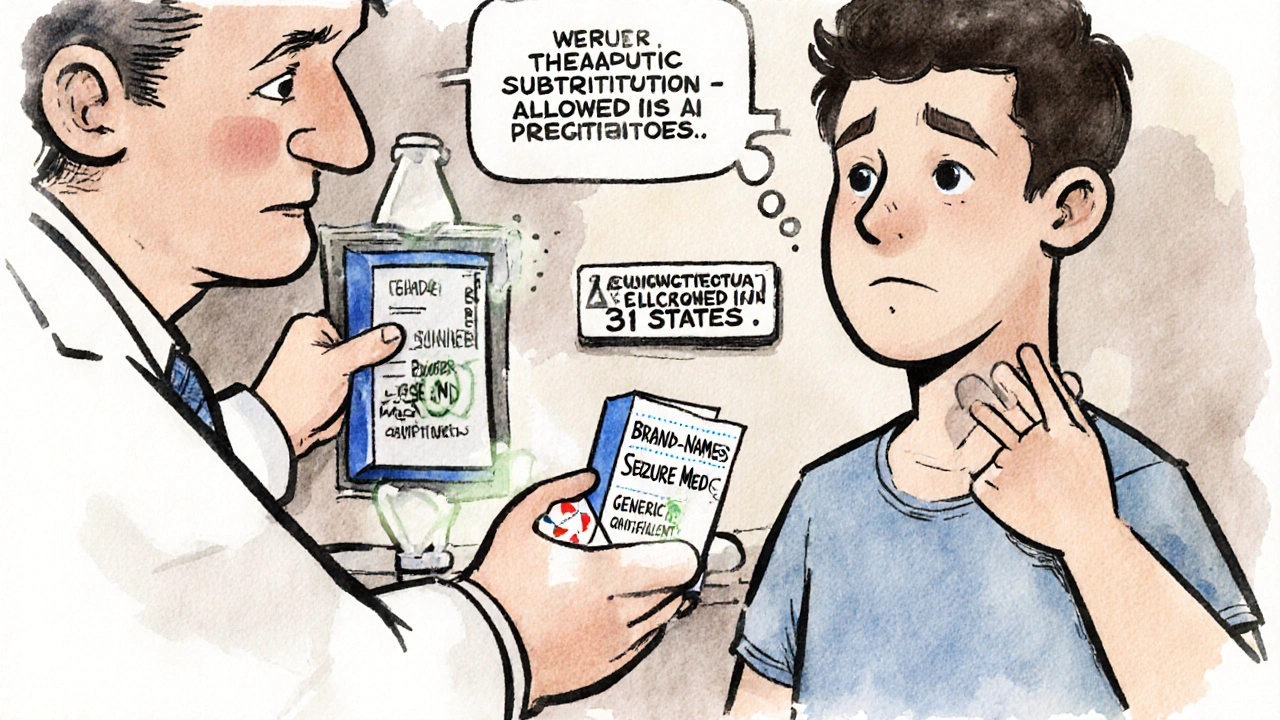 Pharmacist giving a substituted pill to a patient, with a warning icon above their head.