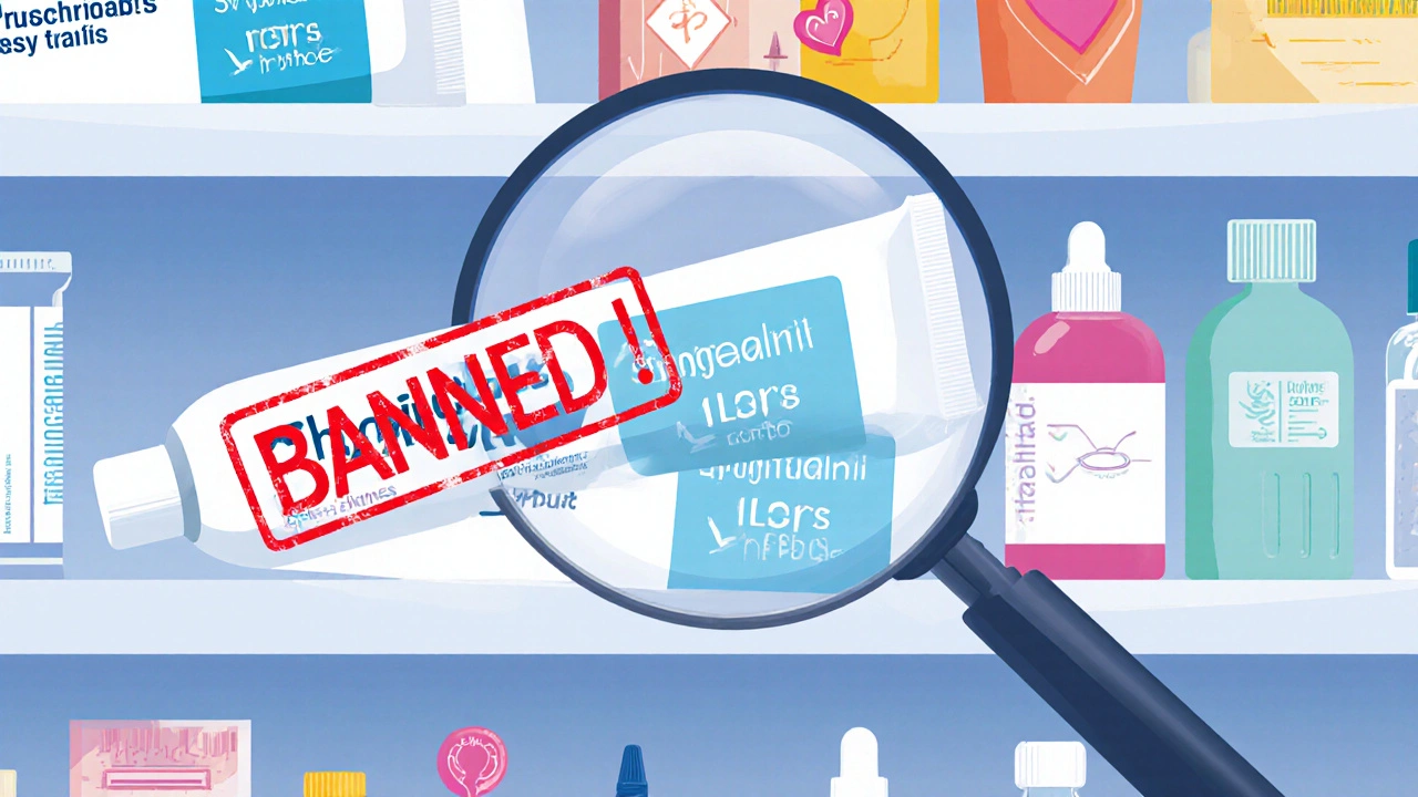 Pharmacy shelf with banned oral gel next to safer alternatives like saline rinse and paracetamol gel