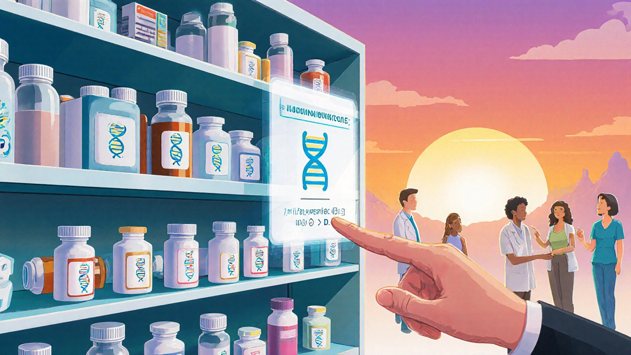 Pharmacy shelf with DNA-labeled pills and digital dosage calculator, symbolizing personalized medicine.