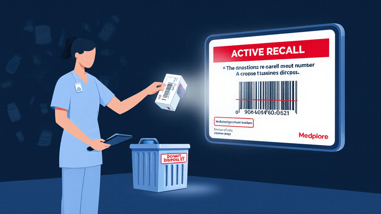 Pharmacy technician scanning a medication barcode that triggers an active FDA recall alert on a digital screen.