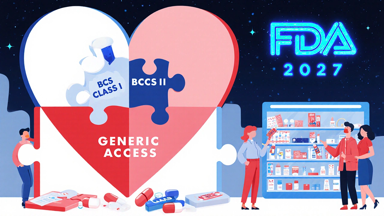 Puzzle pieces forming a medicine chest with BCS Class I fitting perfectly, symbolizing accessible generic drugs.