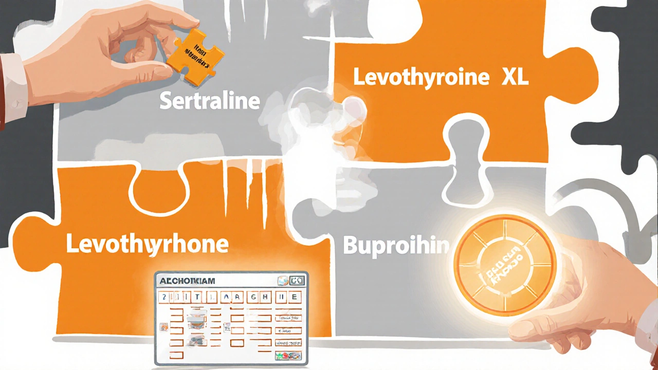 Puzzle pieces of generic drugs missing manufacturer fragments, with FDA algorithm scanning the table.