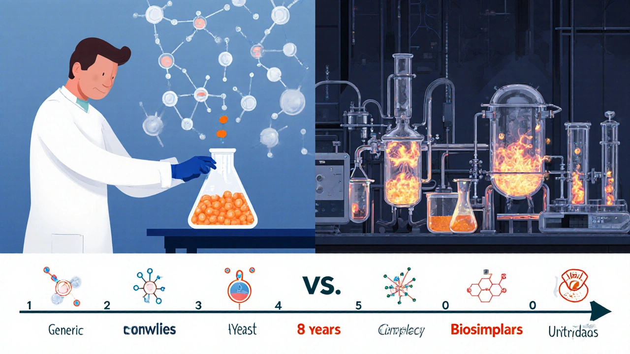 Side-by-side illustration of generic drug production in a lab versus biosimilar production using bioreactors and scientific equipment.