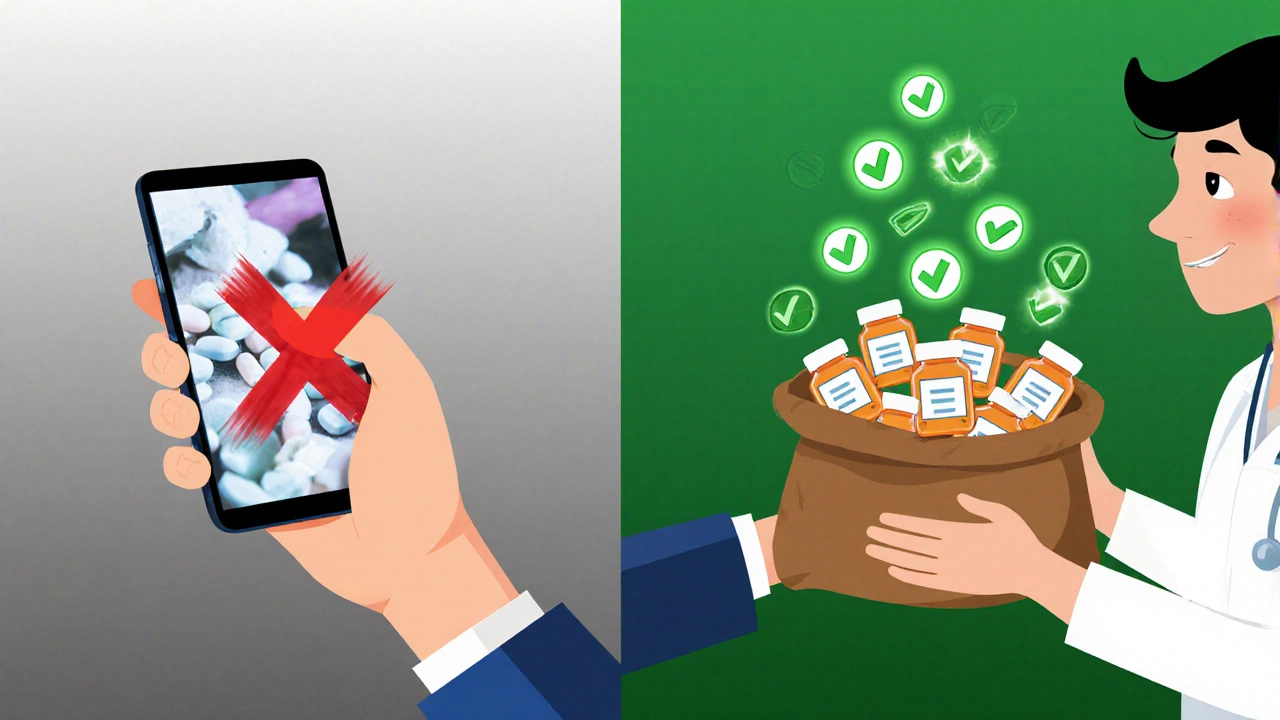 Split image: blurry phone photo of pills vs. real pill bottles being handed to a provider.