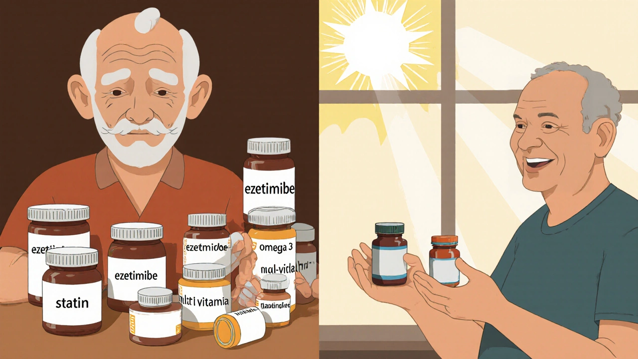 Split image of older adult overwhelmed by pills versus simplified medication routine with sunlight.