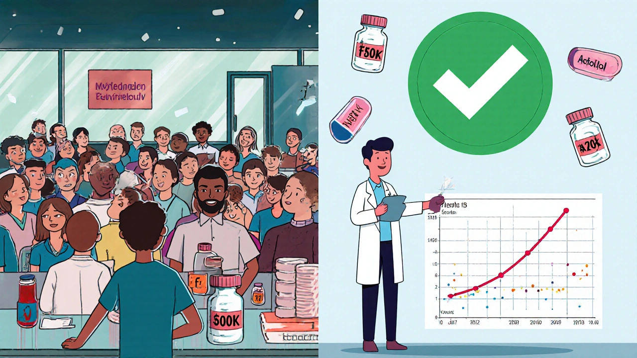 Split scene: costly human trials vs. simple lab dissolution test with a green checkmark, representing efficient drug approval.