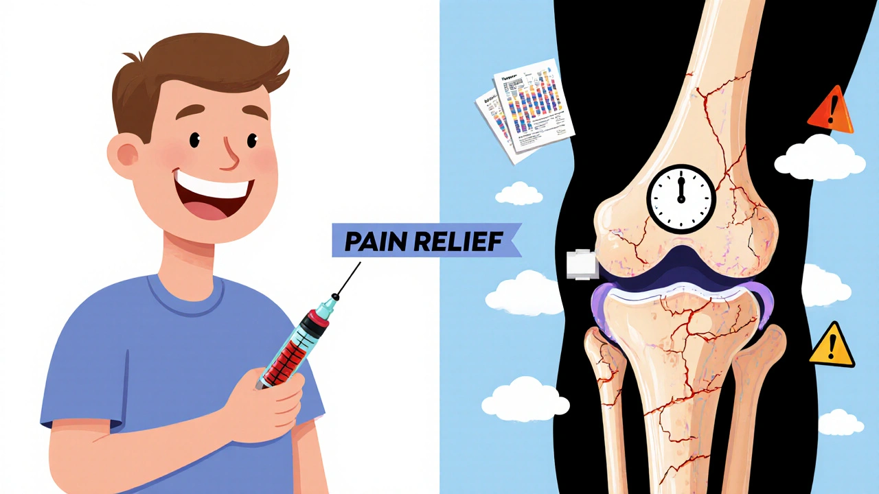 Two versions of a patient: one enjoying relief, the other showing hidden joint damage over time.