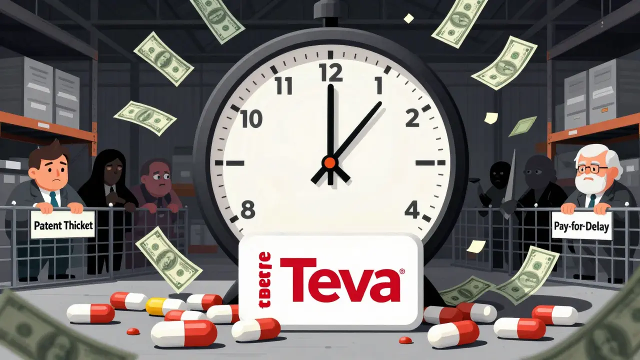 180-day clock above generic pill warehouse with Teva leading, rivals barred by patent fences