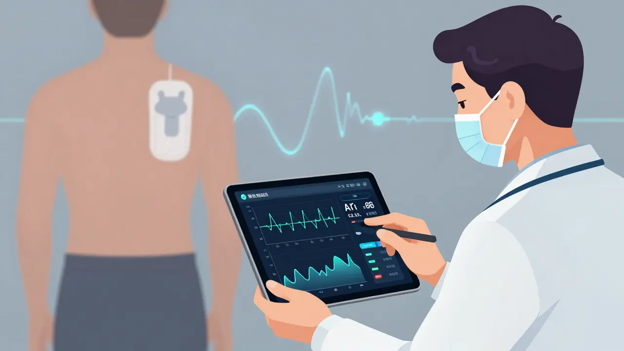 A doctor views patient health data on a tablet, with AI alerts for potential side effects.