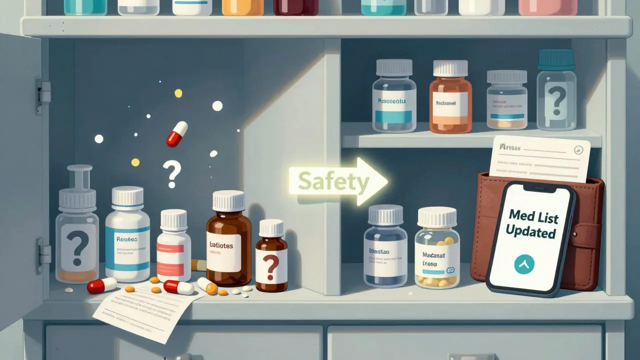 A messy medicine cabinet on the left, organized and safe on the right, connected by a safety arrow.