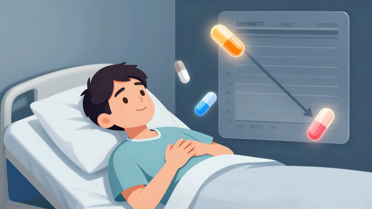 A patient in hospital with floating pills of various colors, symbolizing the health risks of stopping medication due to visual changes.