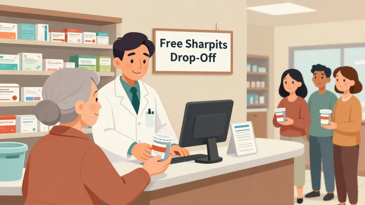 A pharmacist accepting a sealed sharps container from a patient at a pharmacy with free disposal signage.