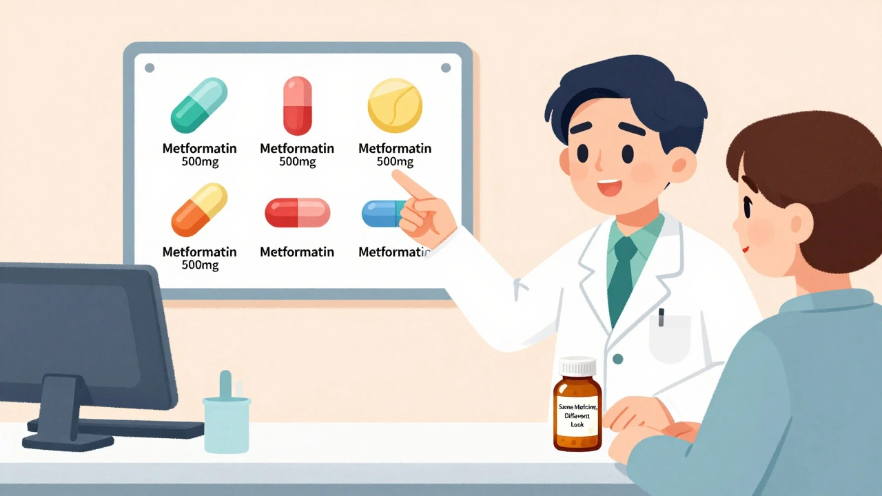 A pharmacist showing a patient a chart of identical medications with different appearances, offering reassurance.