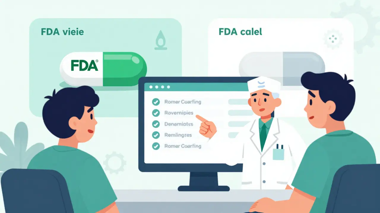 A pharmacist shows an FDA authorized generic list on a screen to a relieved patient, with a factory split-image in the background.