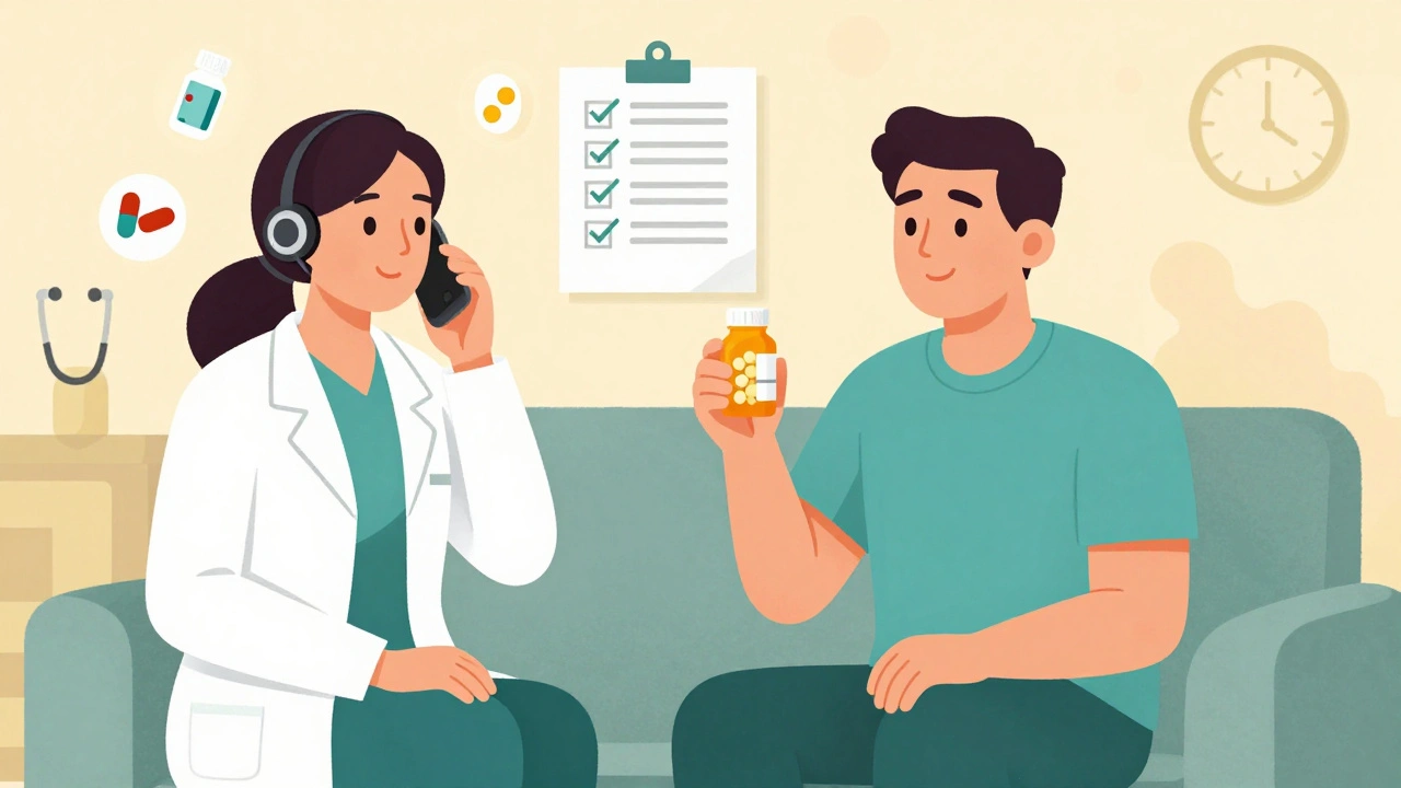 A Poison Control specialist on the phone with floating medication icons, guiding a calm adult sitting safely at home.