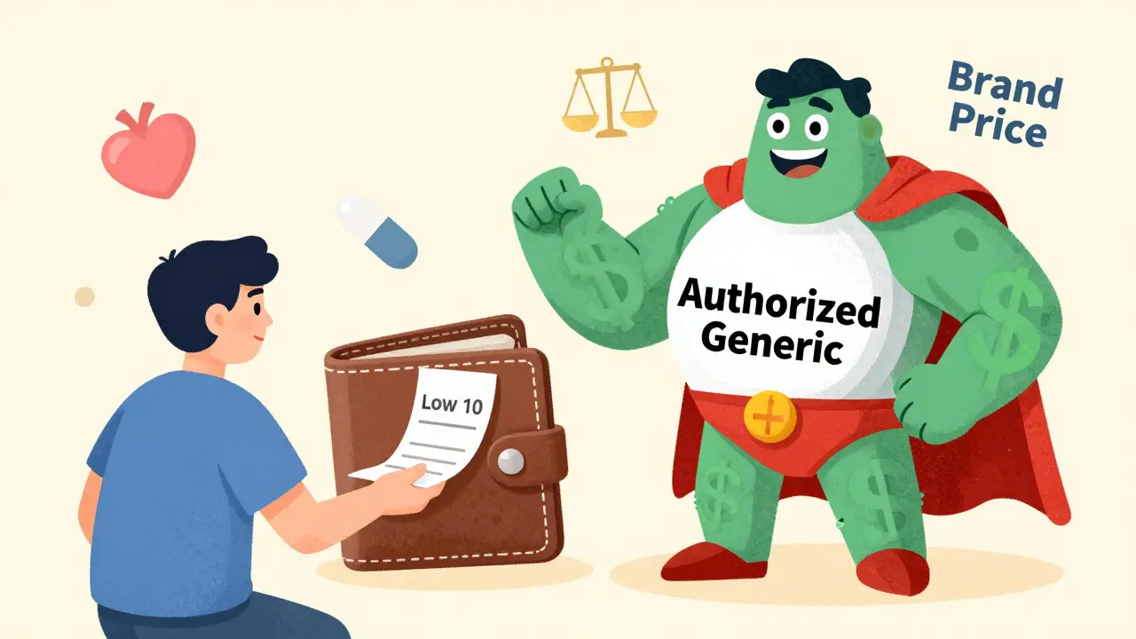 A superhero pill protects a patient from a monster made of dollar signs, while a shrinking wallet shows savings from switching.