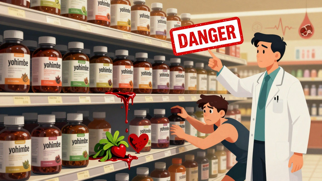 A supplement shelf with inconsistent yohimbe dosages leaking danger, a wilting heart plant below, and an unaware shopper reaching for a bottle.