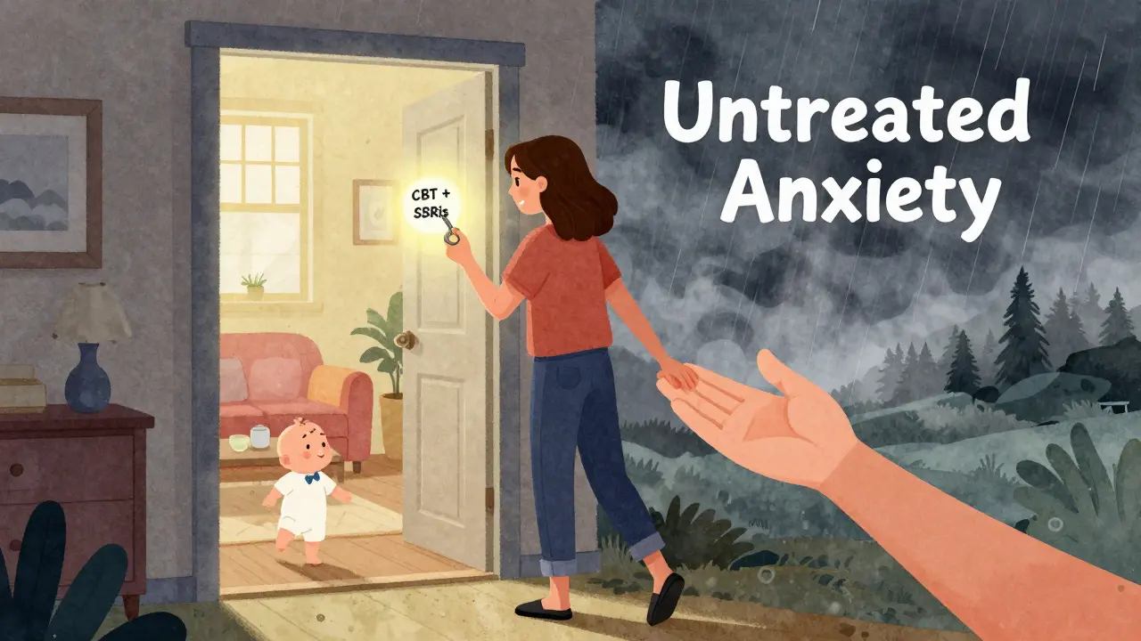 A woman choosing to seek help for postpartum anxiety, stepping from fear toward support.