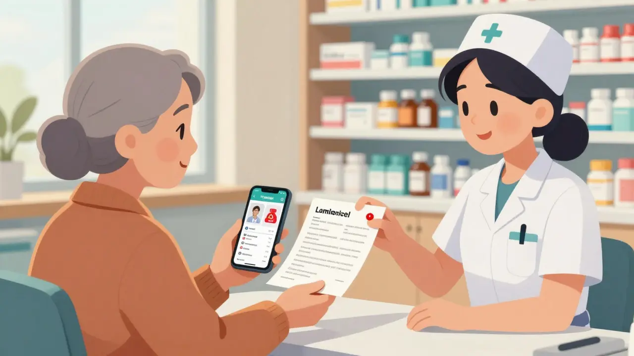An elderly woman giving a printed medication list to a nurse in a clinic.