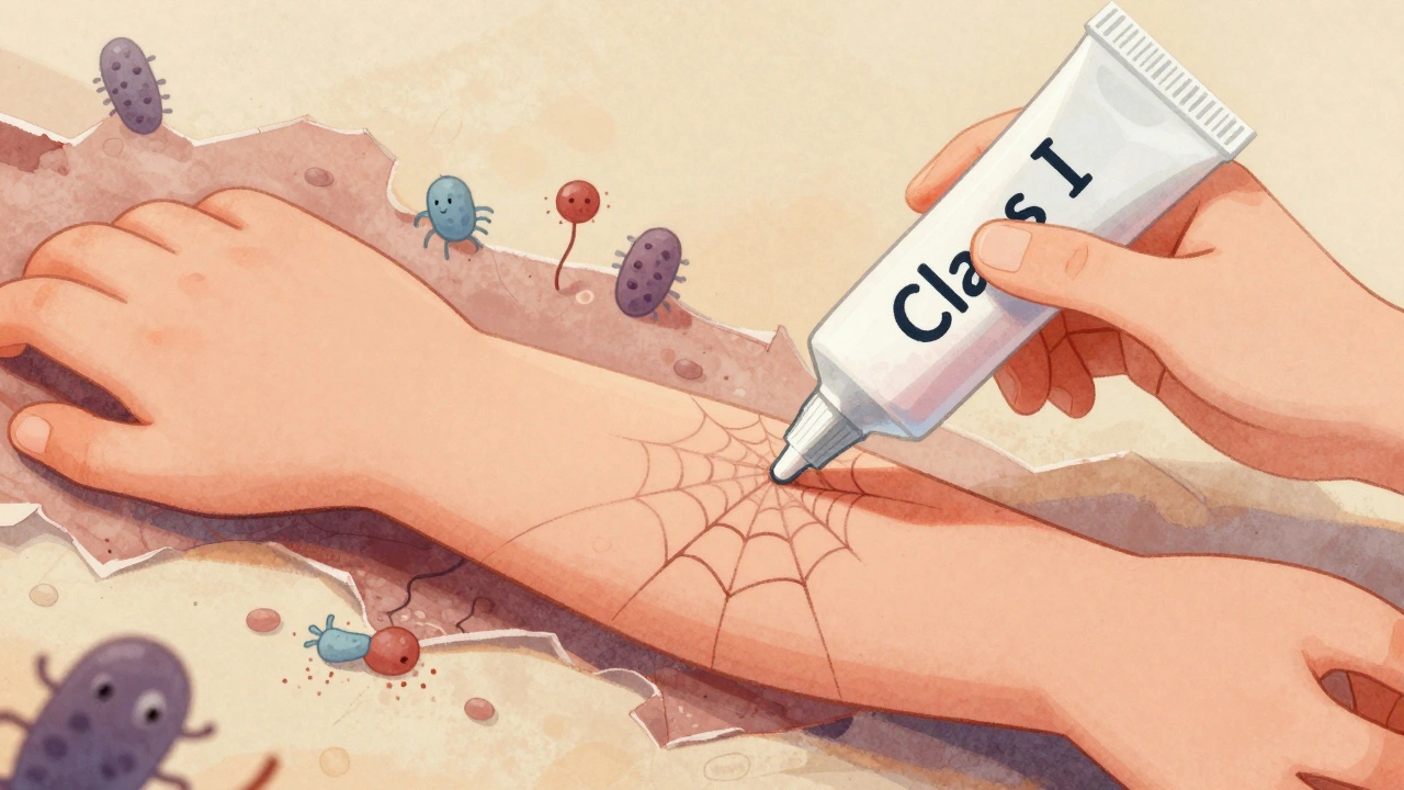 Child&#039;s arm turning fragile under strong steroid cream, with microbes invading damaged skin.