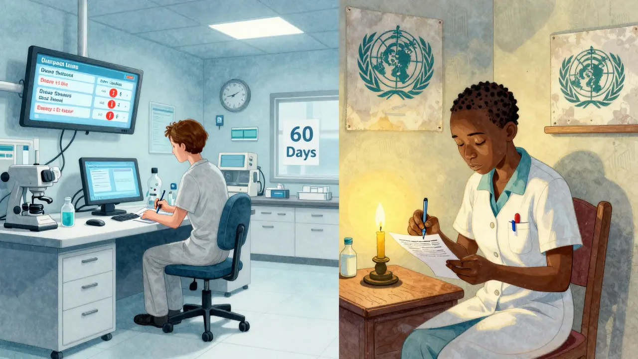 Contrast between a high-tech European pharmacovigilance lab and a rural clinic with paper reports.