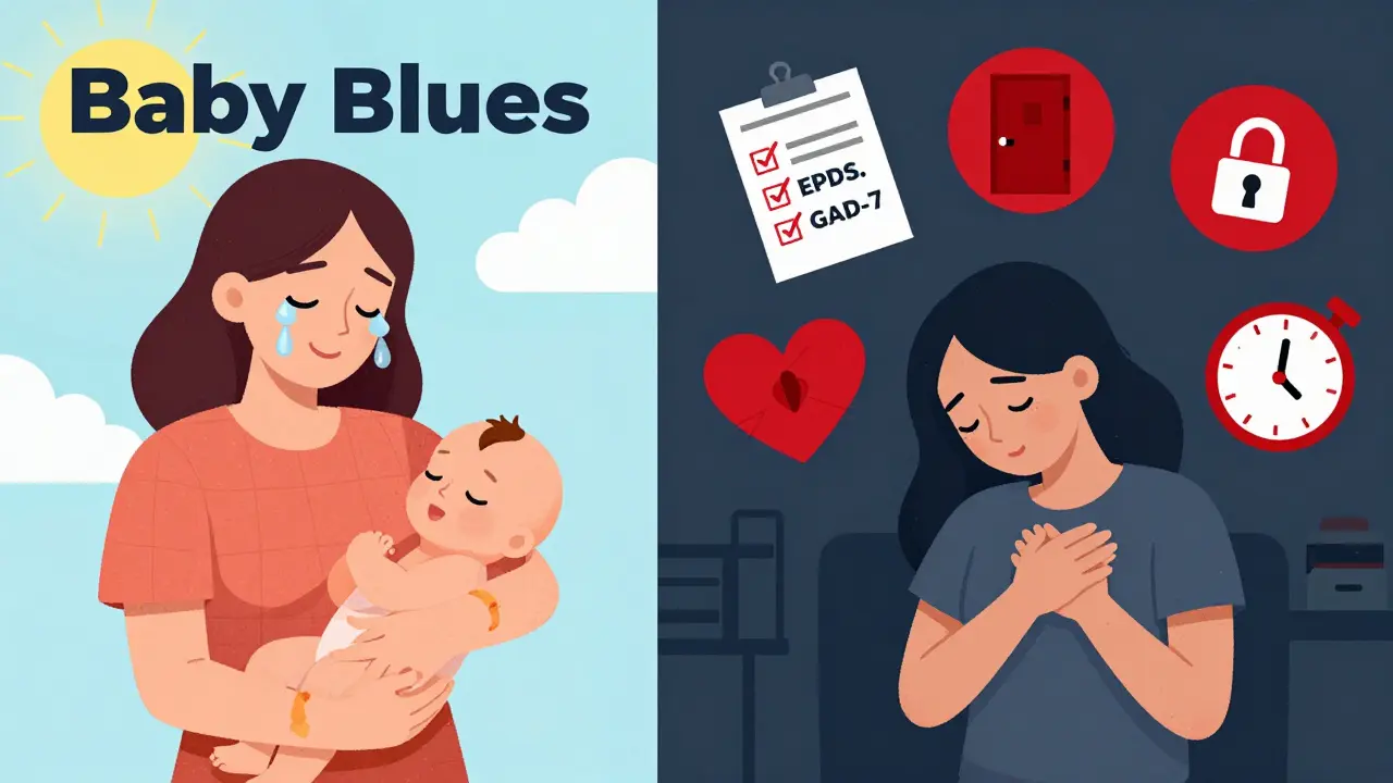 Contrasting images of baby blues versus postpartum anxiety with screening tools as a lifeline.