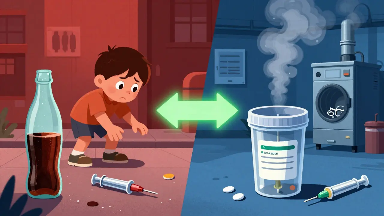 Contrasting scene: dangerous discarded needle vs. safe disposal in medical waste facility with autoclave.