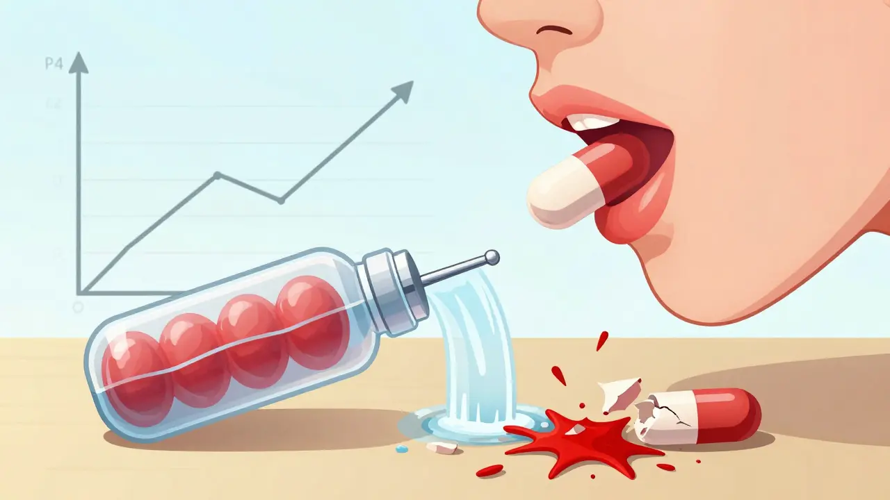 Cross-section of extended-release pill showing slow drip mechanism, with a shattered pill spilling dangerously nearby.