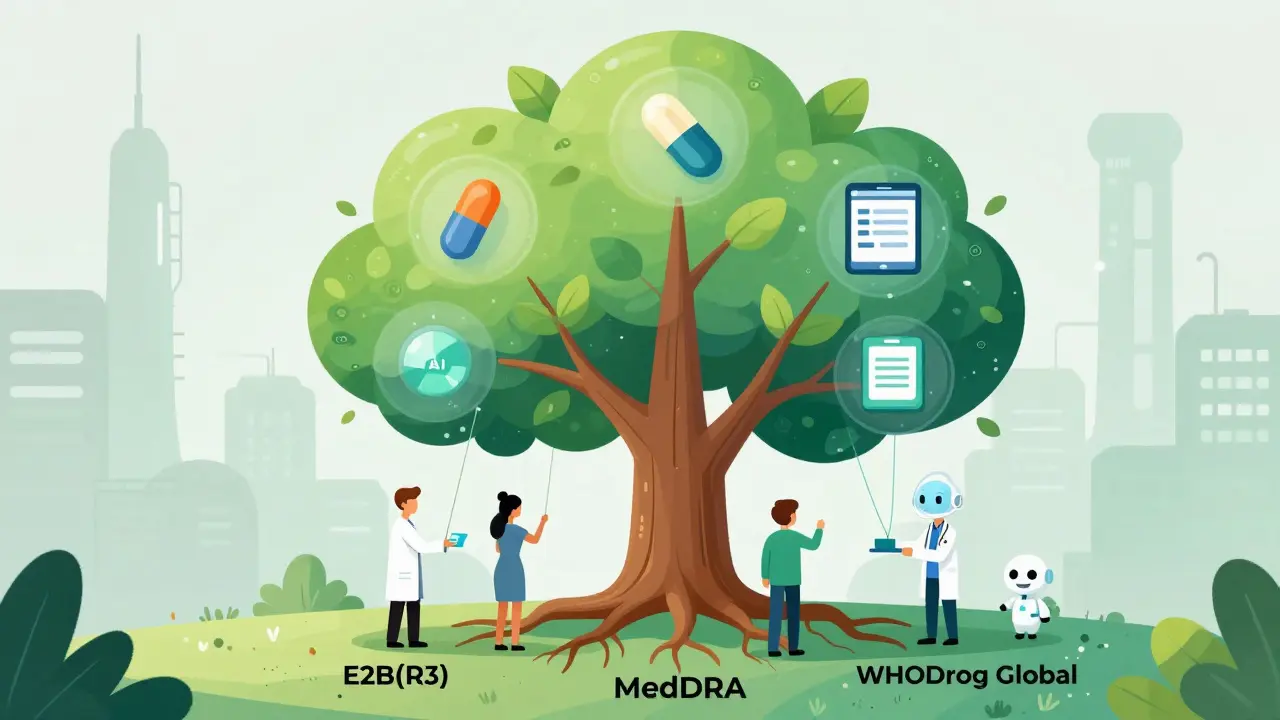 Digital tree with drug safety standards as roots and technology as leaves, tended by healthcare workers and AI.