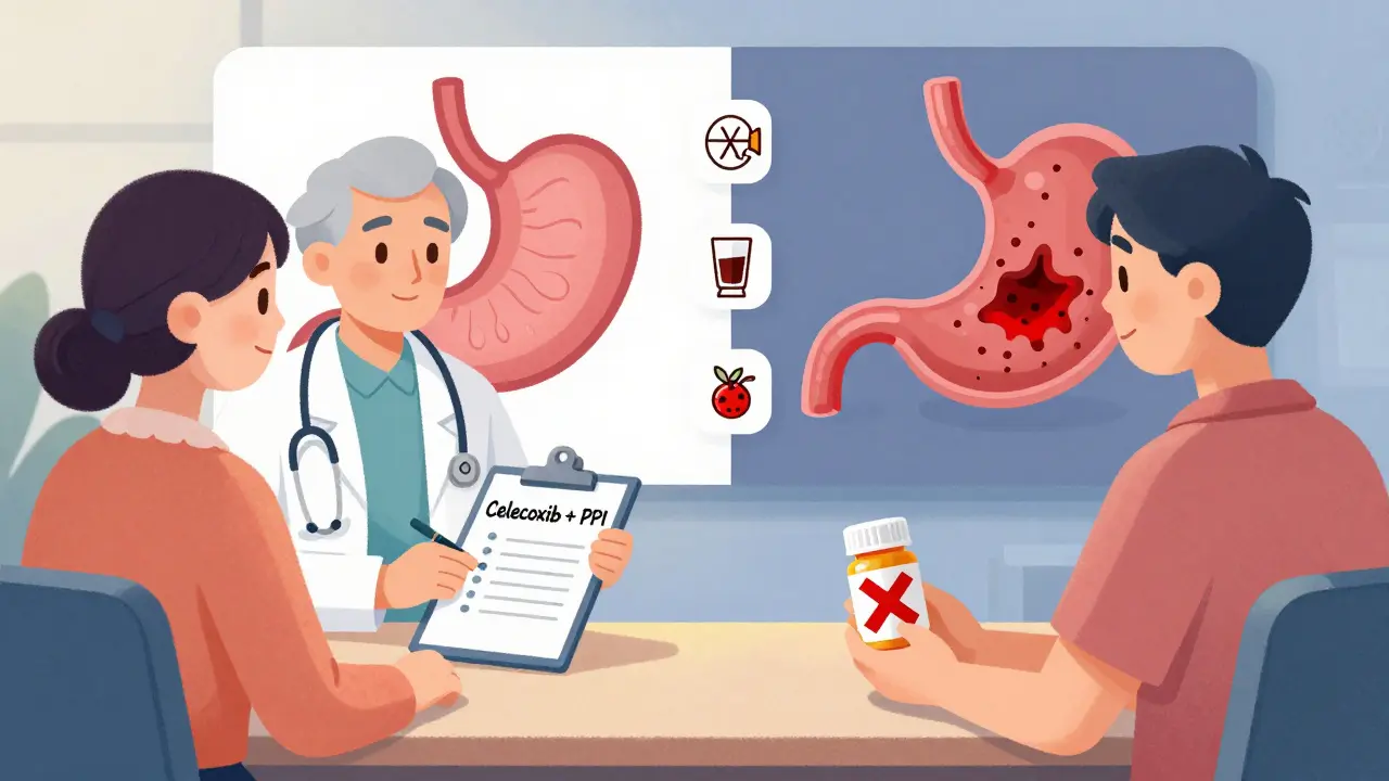 Doctor and patient discussing safer pain relief options with visual comparison of healthy vs. damaged stomach.