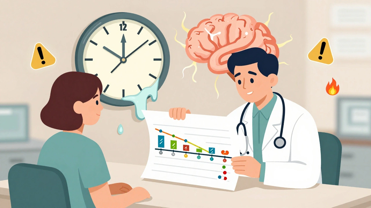 Doctor and patient reviewing a 14-day dosage timeline chart during a clinic consultation.