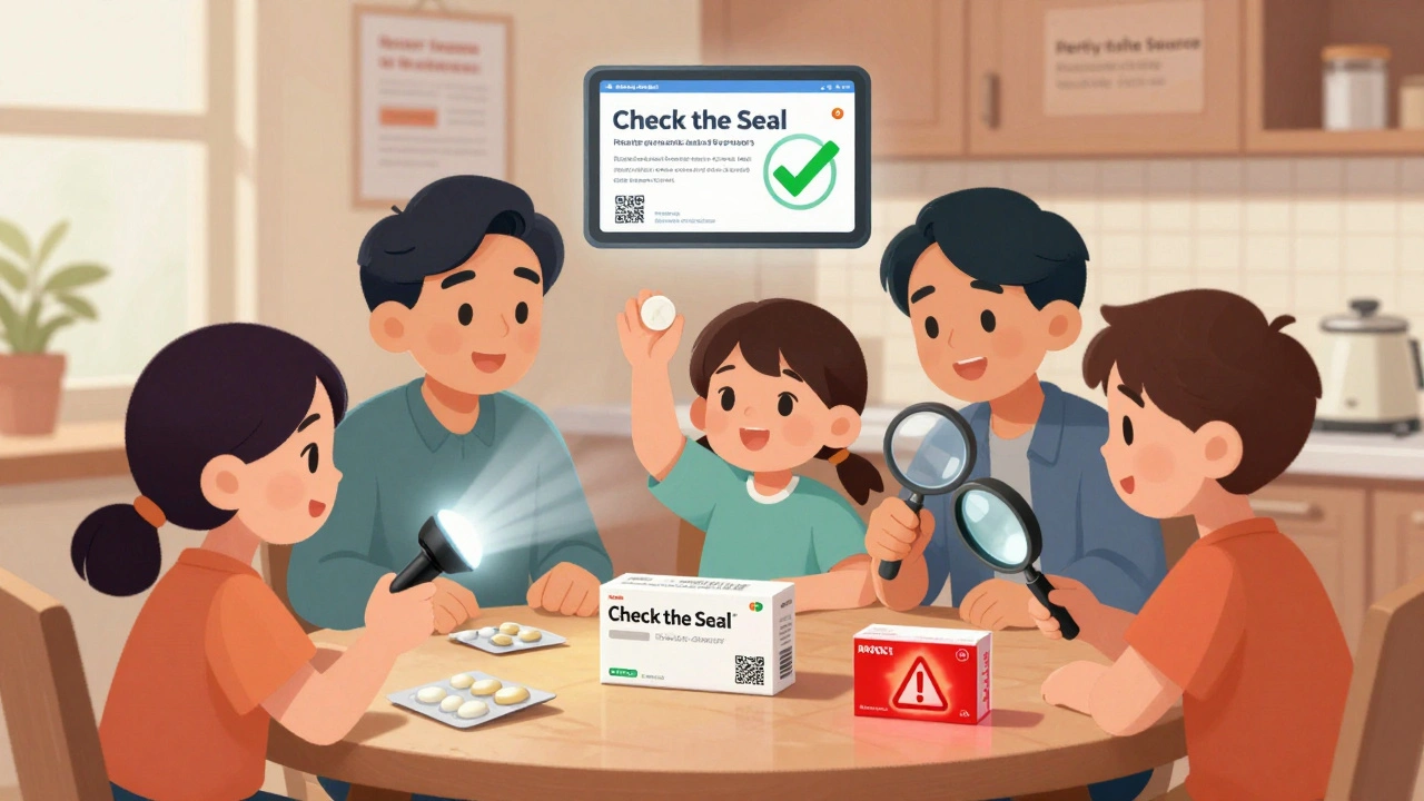 Family inspecting medication at home using a flashlight, magnifier, and scale to verify authenticity.