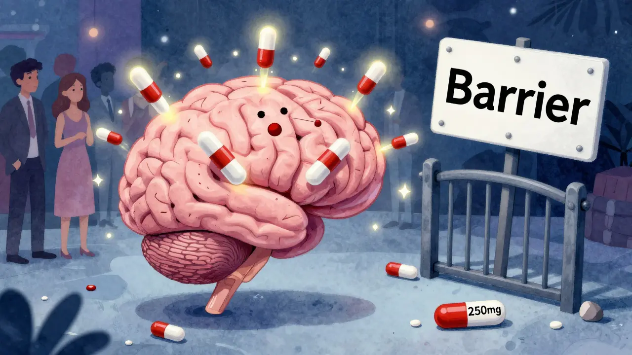 GABA supplements outside a brain party while sedatives interact with GABA receptors inside.