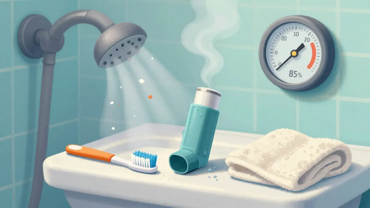 Inhaler on steamy bathroom counter with humidity gauge at 85%, moisture forming on device.