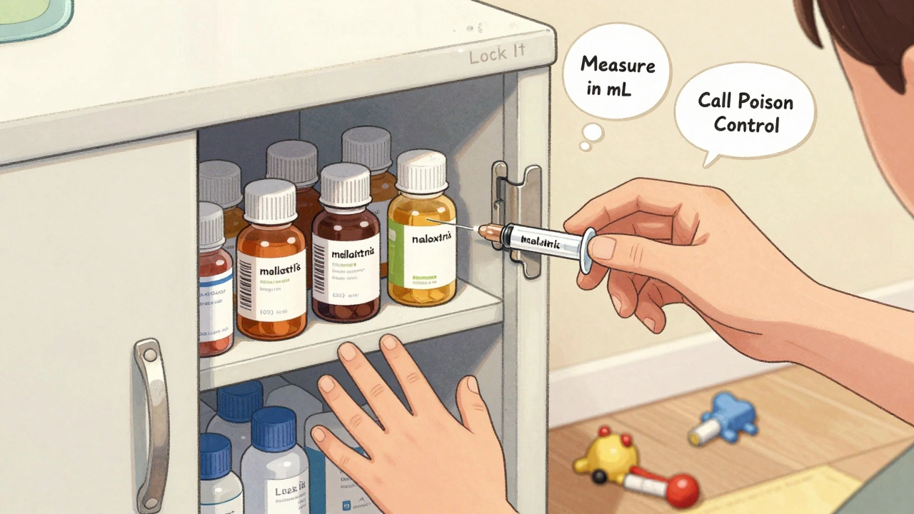 Locked cabinet with child-safe medicine storage and dosing tools inside.