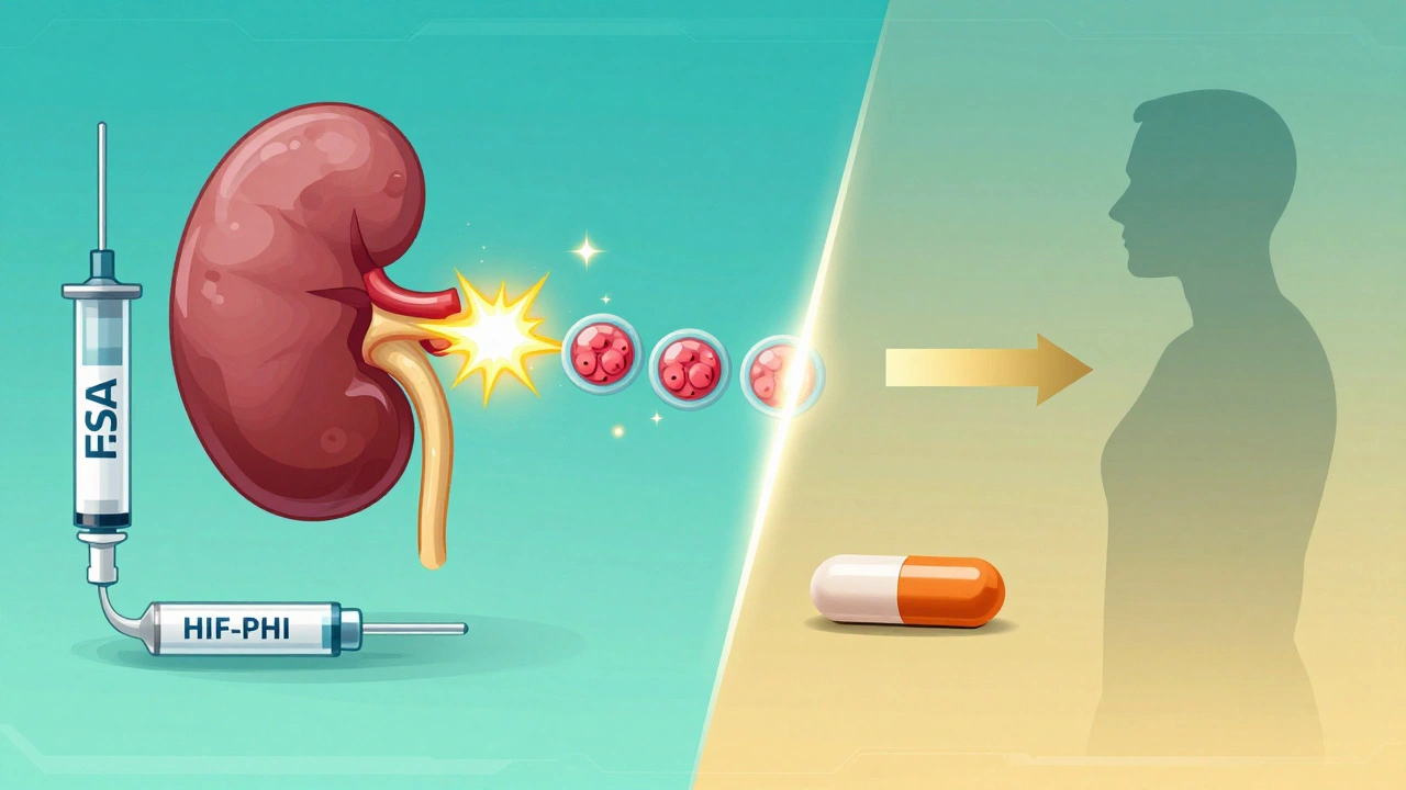 Oral HIF-PHI pill triggering natural erythropoietin and iron release, contrasting with traditional injections.
