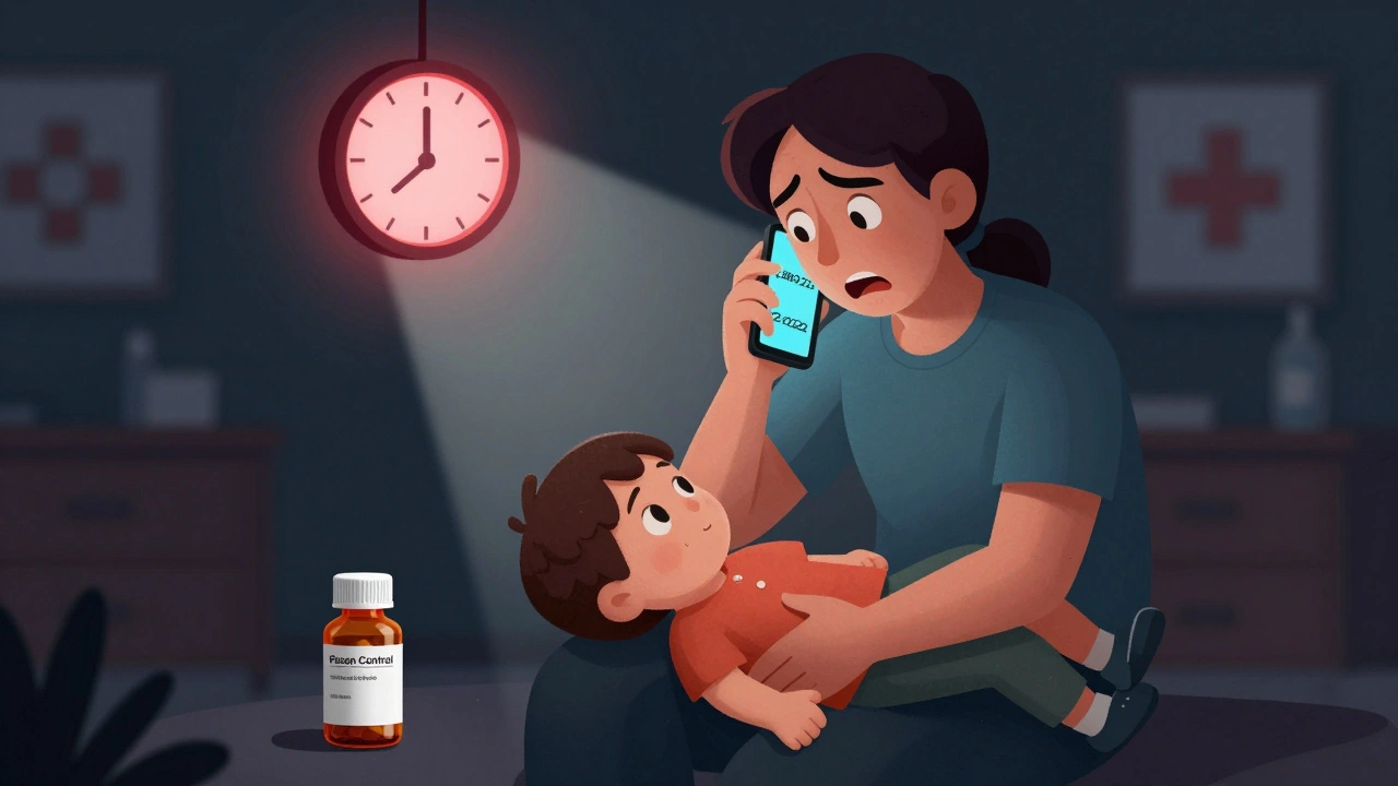 Parent calling Poison Control as child lies unresponsive, medicine bottles on floor.