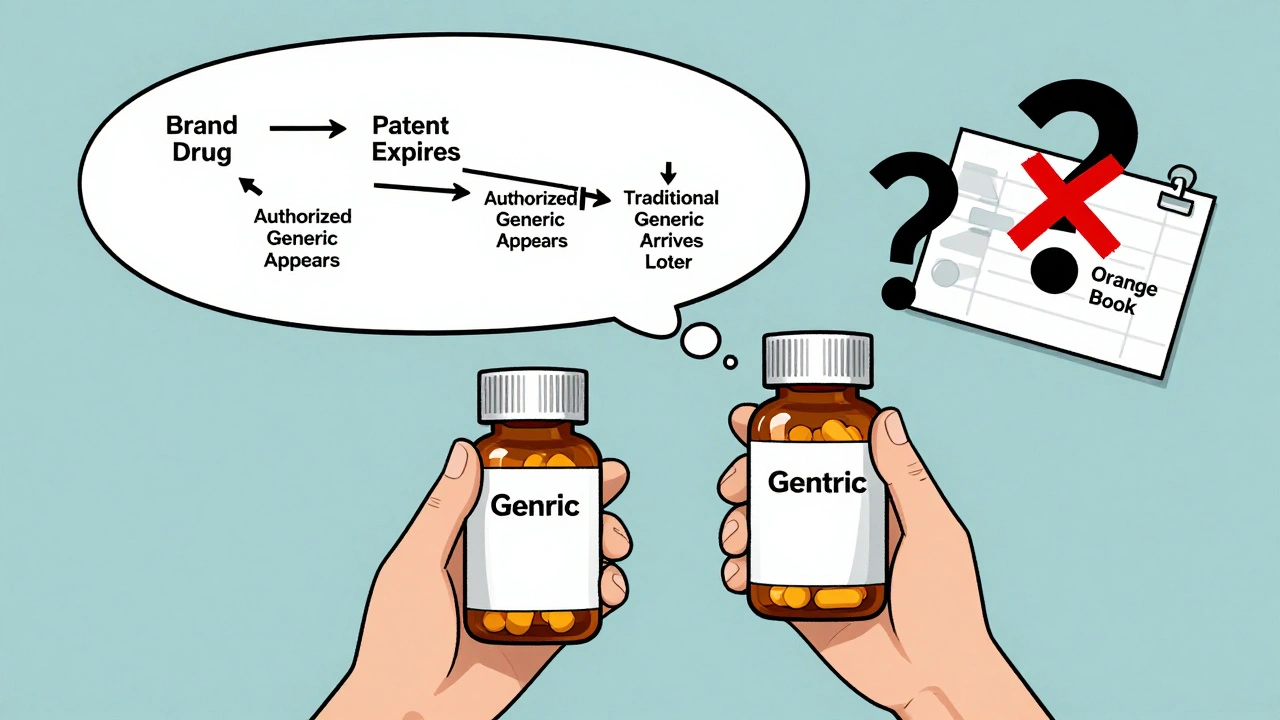 Patient comparing two identical pills in bottles—one branded, one generic—with price comparison flowchart.