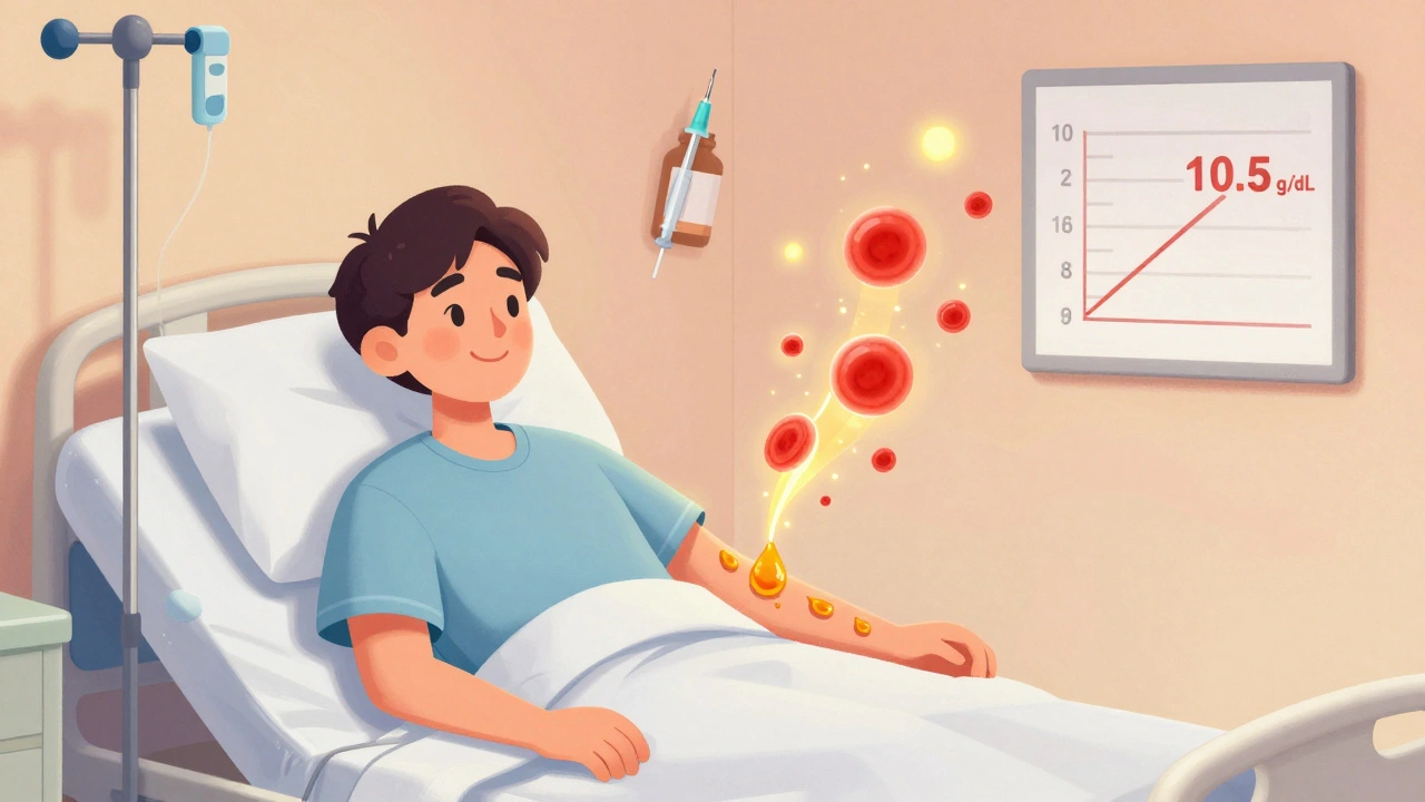 Patient receiving IV iron that transforms into glowing red blood cells, with rising hemoglobin chart in background.