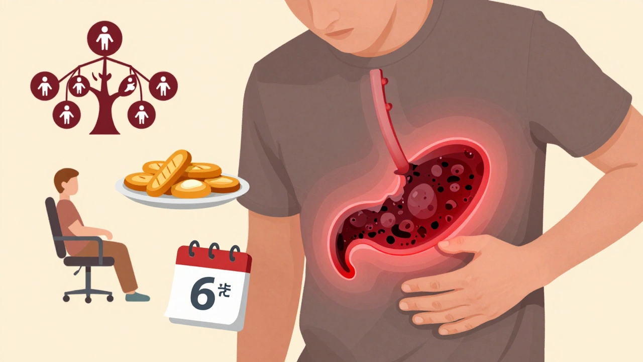 Person experiencing gallbladder pain with risk factors like fatty food and family history illustrated around them.